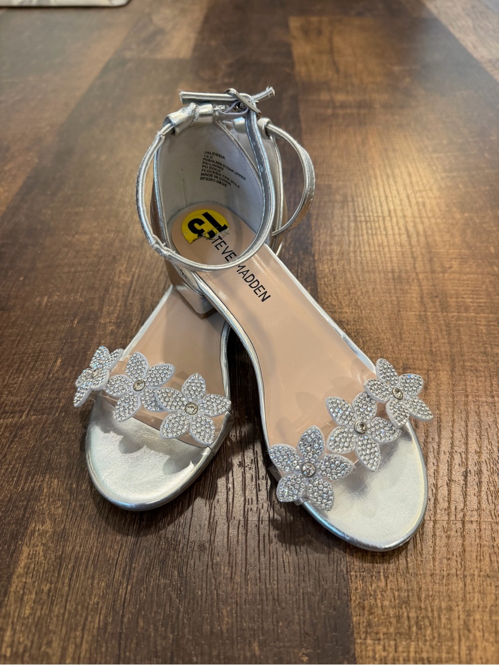 Steve Madden Silver Floral Ankle-Strap Sandals with Rhinestone Flowers